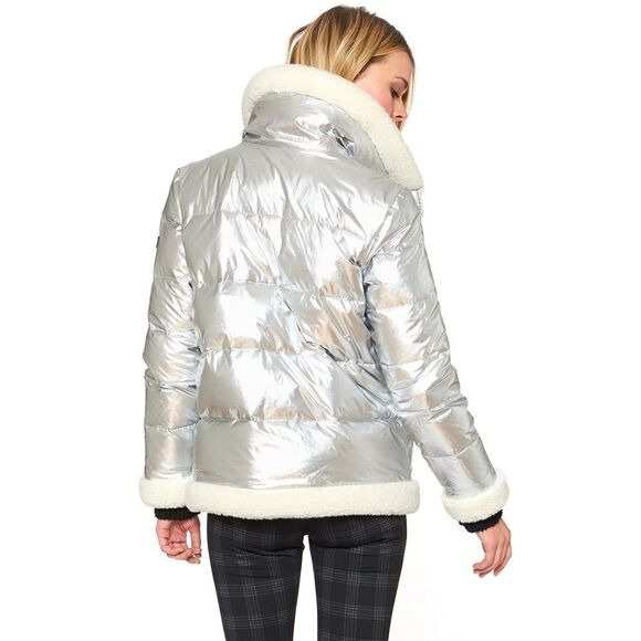 New! SANCTUARY Women's Metallic Puffer Jacket Faux Shearling Trim Size Small - Picture 4 of 10